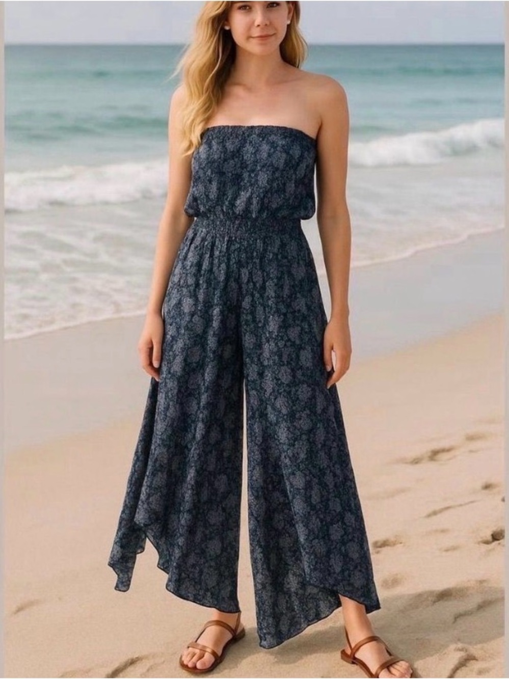 Free People One Strapless Navy Floral Wide-Leg Jumpsuit Size Large